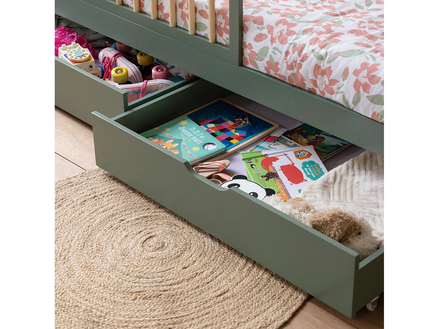 Lit pour enfant 190x90cm vert avec tiroirs ADAM - HAPPY GARDEN