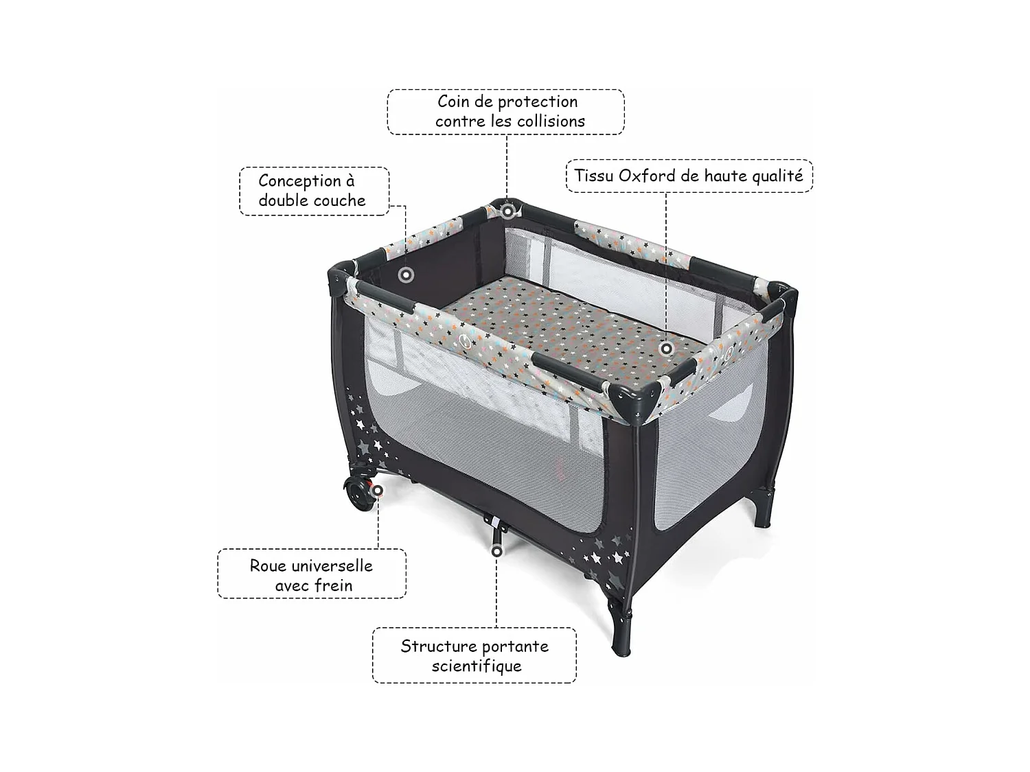 Lit Parapluie Pliant Bébé 0-36 Mois 3 en 1 avec Matelas Roulettes Sac de Transport Charge Max 15KG Gris 125 x 65 x 76CM Gris