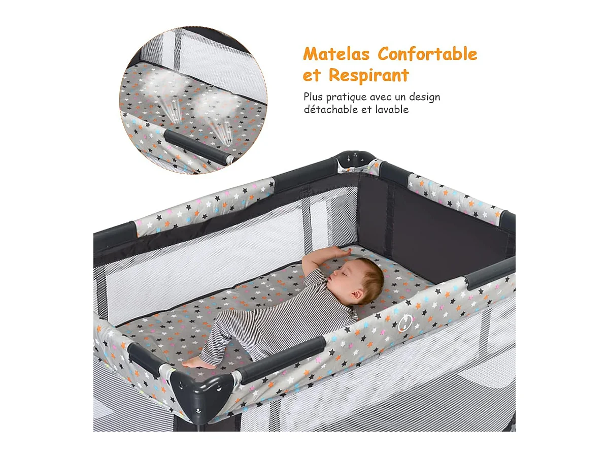 Lit Parapluie Pliant Bébé 0-36 Mois 3 en 1 avec Matelas Roulettes Sac de Transport Charge Max 15KG Gris 125 x 65 x 76CM Gris