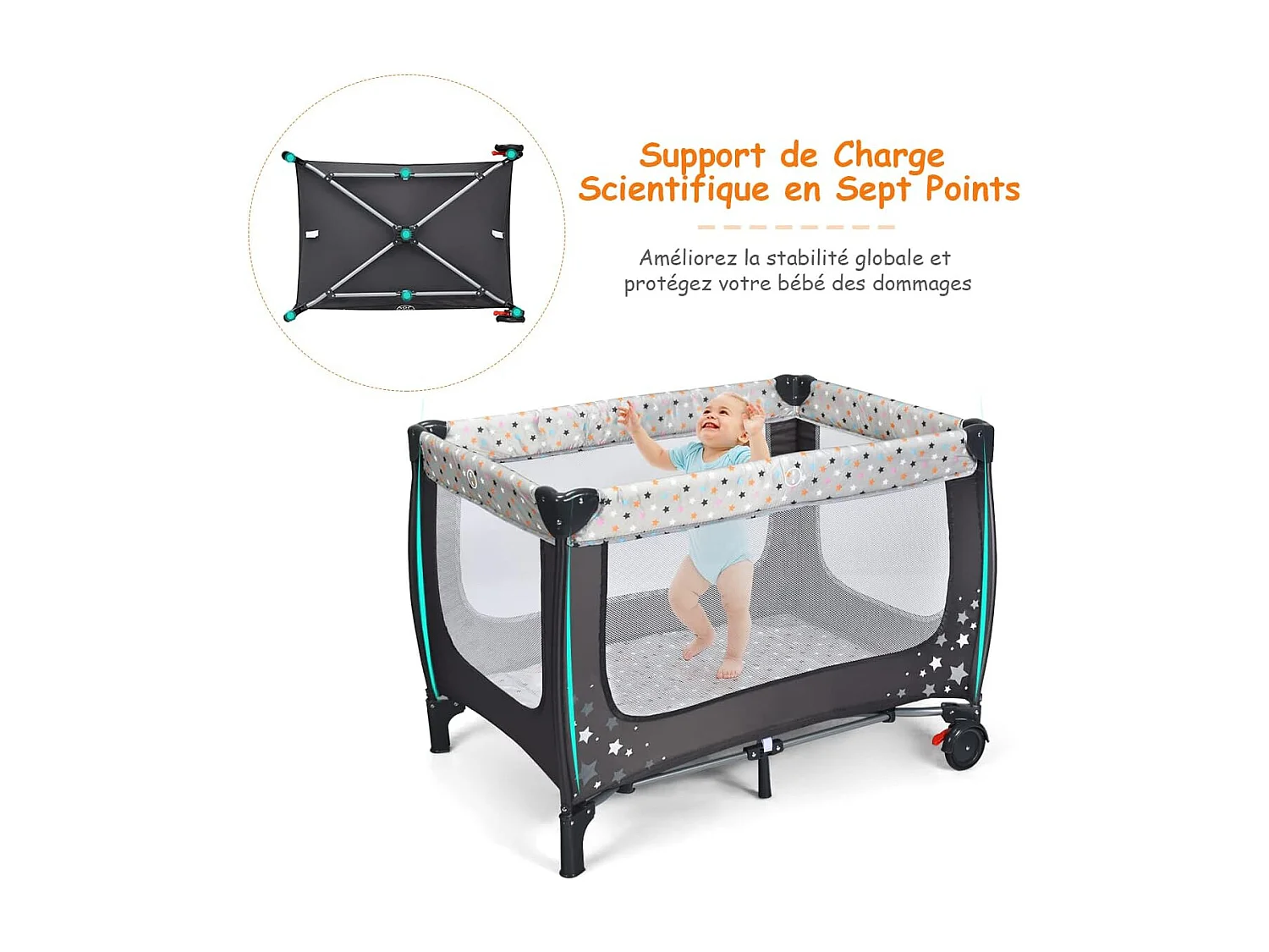 Lit Parapluie Pliant Bébé 0-36 Mois 3 en 1 avec Matelas Roulettes Sac de Transport Charge Max 15KG Gris 125 x 65 x 76CM Gris