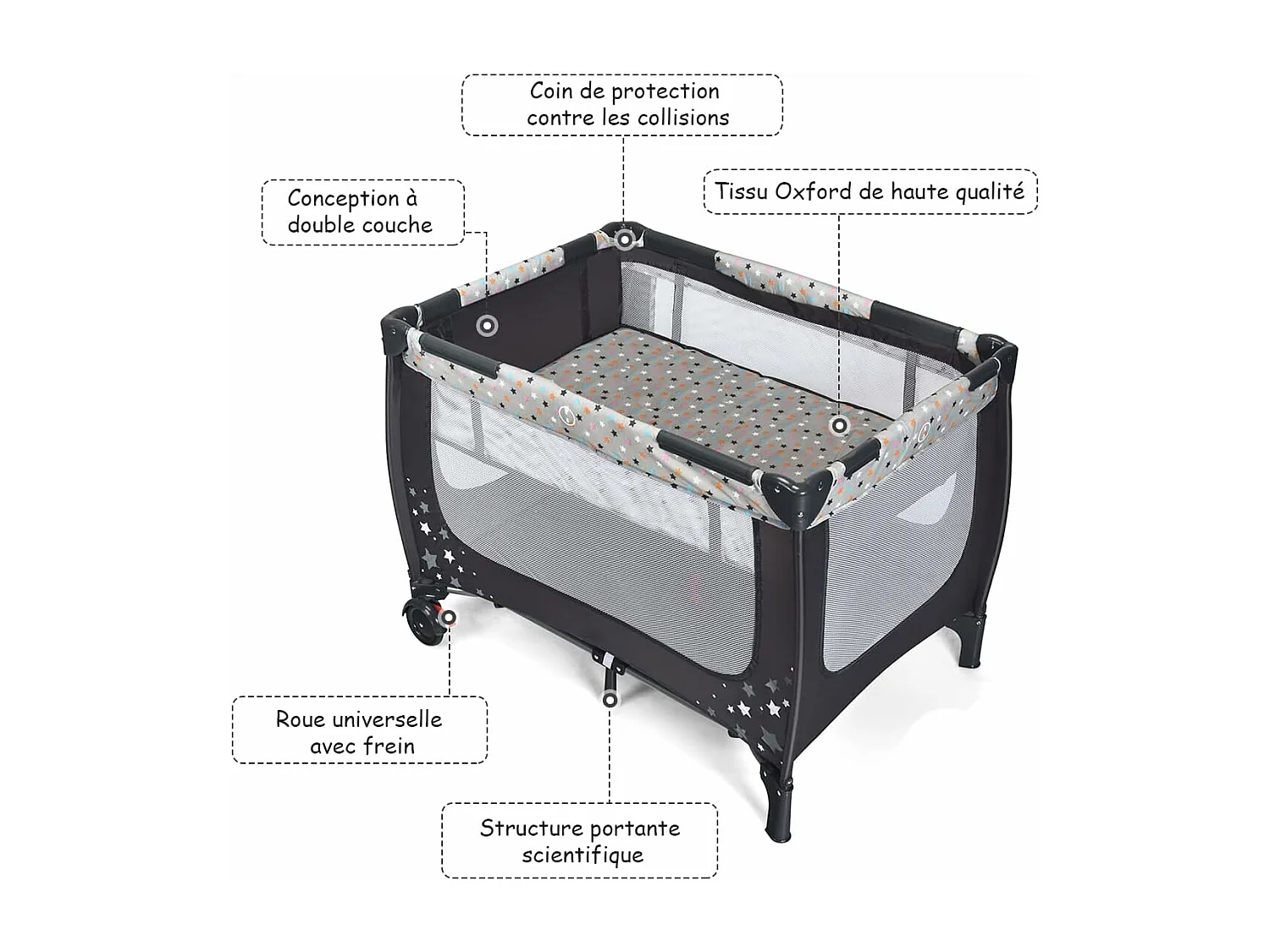 Lit Parapluie Pliant Bébé 0-36 Mois 3 en 1 avec Matelas Roulettes Sac de Transport Charge Max 15KG Gris 125 x 65 x 76CM Gris