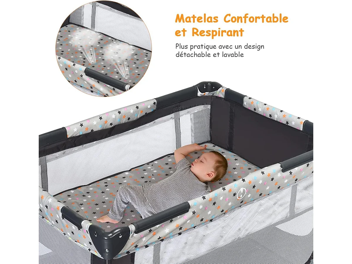 Lit Parapluie Pliant Bébé 0-36 Mois 3 en 1 avec Matelas Roulettes Sac de Transport Charge Max 15KG Gris 125 x 65 x 76CM Gris