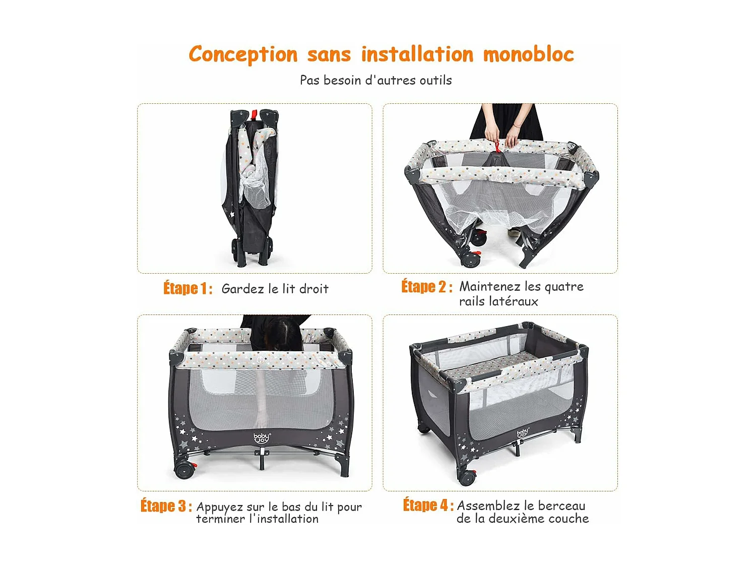 Lit Parapluie Pliant Bébé 0-36 Mois 3 en 1 avec Matelas Roulettes Sac de Transport Charge Max 15KG Gris 125 x 65 x 76CM Gris