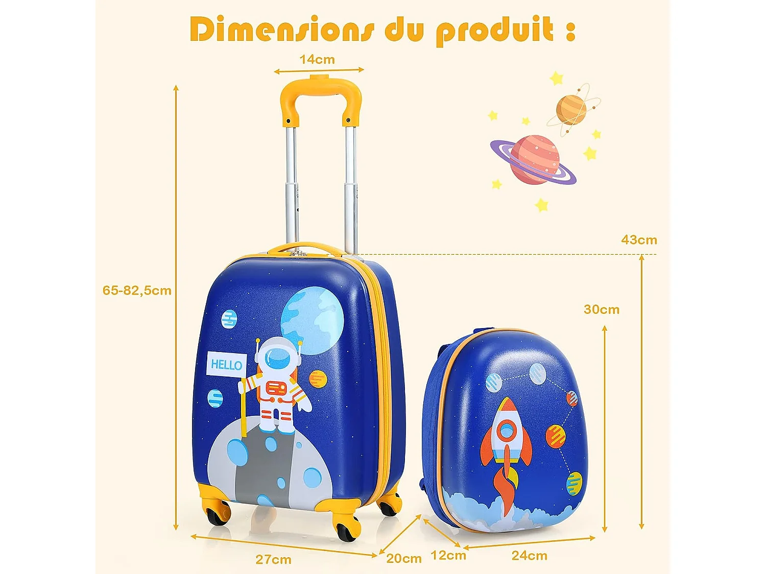 Lot de 2 bagages enfants avec valise à coque rigide enfant à roulette 40,6 cm + sac à dos 30,5 cm