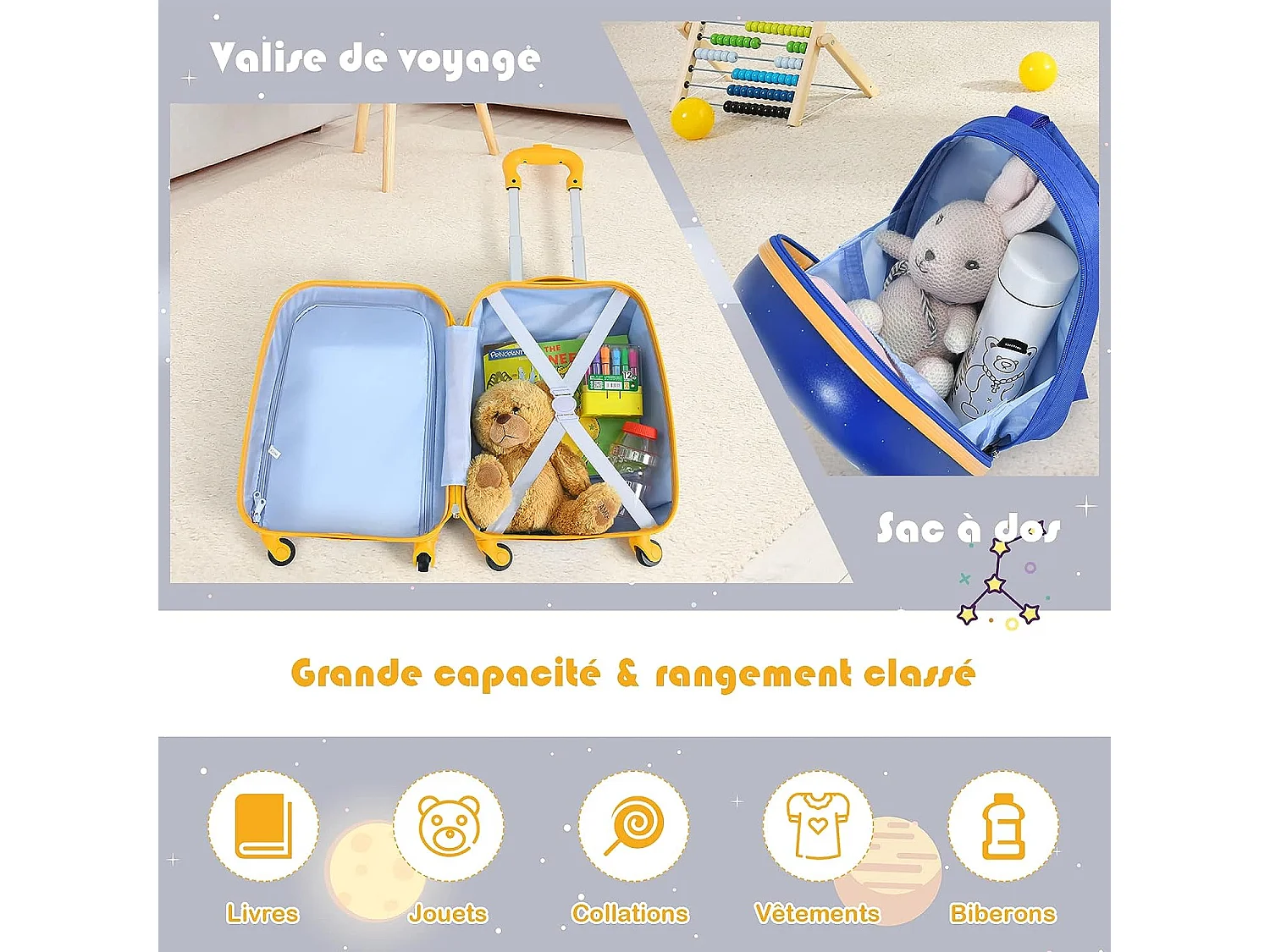 Lot de 2 bagages enfants avec valise à coque rigide enfant à roulette 40,6 cm + sac à dos 30,5 cm