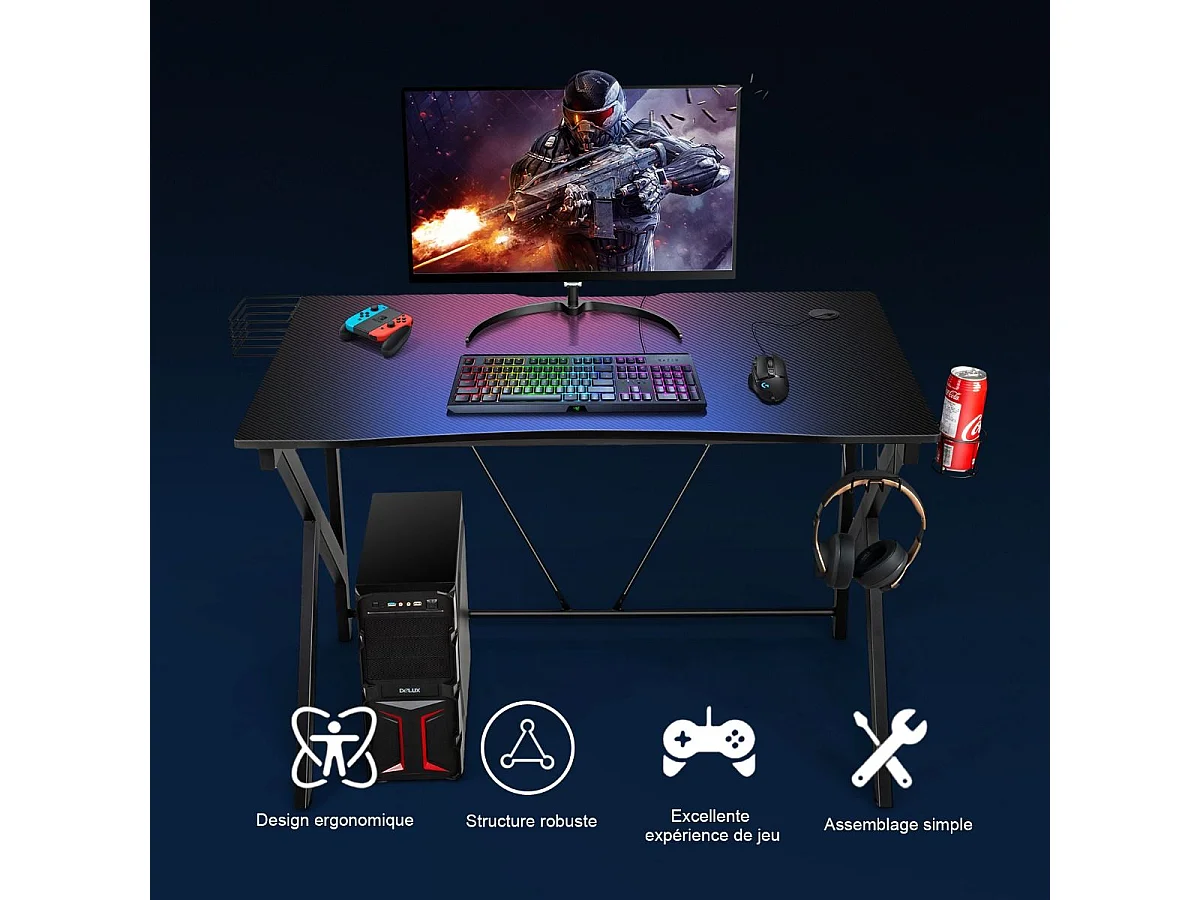 Gaming Bureau Gaming Bureau met Video Opslag, Bekerhouder en Haak 115 x 73 x 76.5 CM