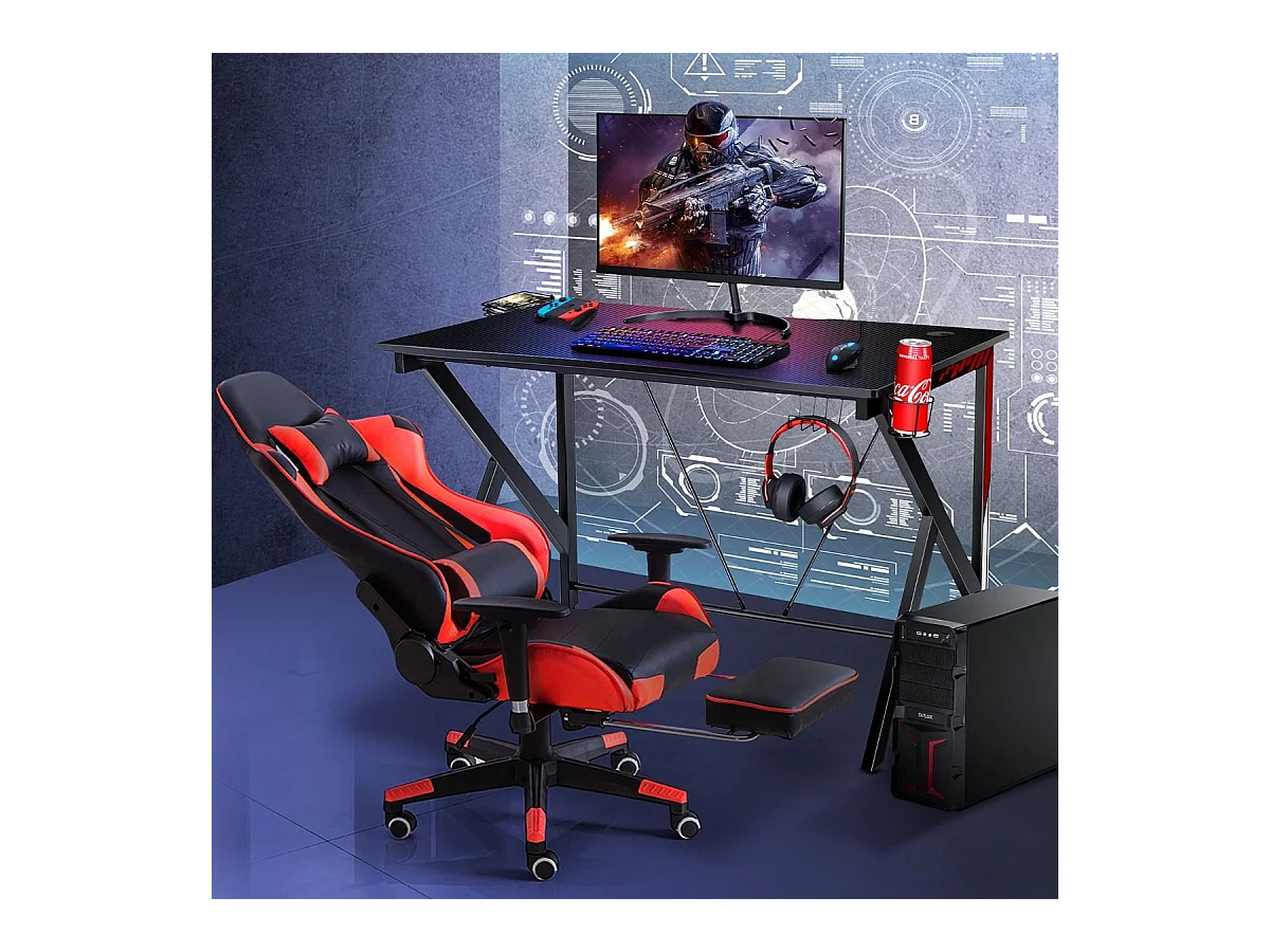 Bureau Gamer Bureau de Jeu pour Gaming avec Stockage Vidéo, Porte-Gobelet et Crochet 115 x 73 x 76,5 CM