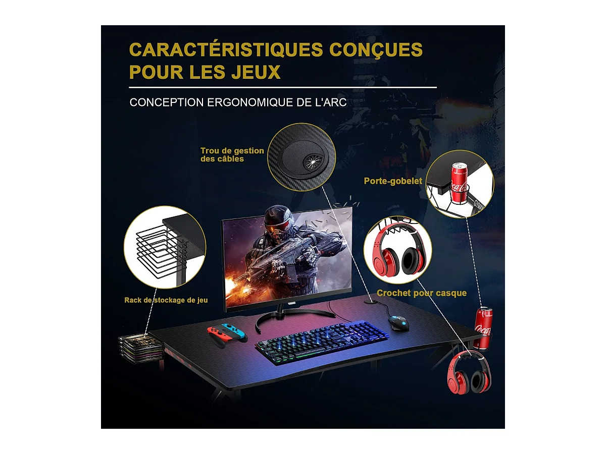 Bureau Gamer Bureau de Jeu pour Gaming avec Stockage Vidéo, Porte-Gobelet et Crochet 115 x 73 x 76,5 CM