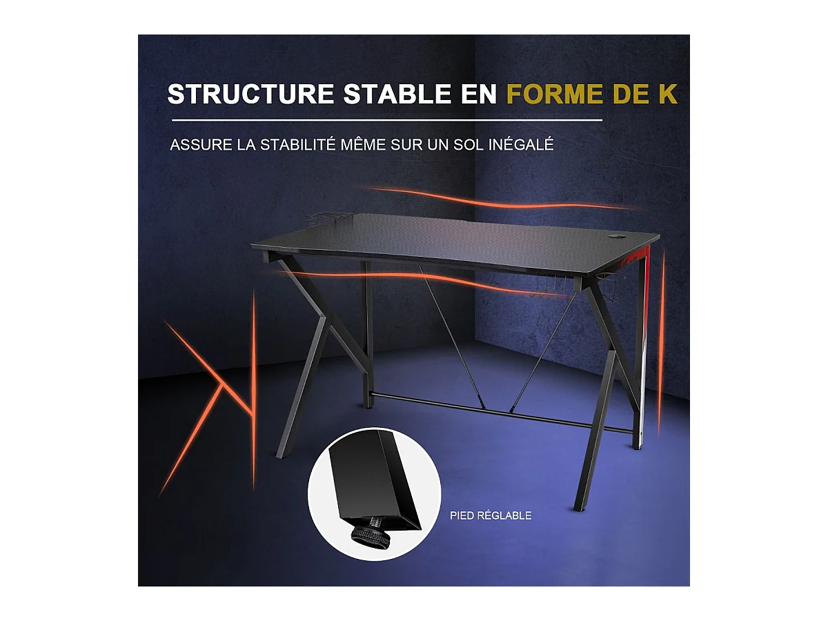 Bureau Gamer Bureau de Jeu pour Gaming avec Stockage Vidéo, Porte-Gobelet et Crochet 115 x 73 x 76,5 CM