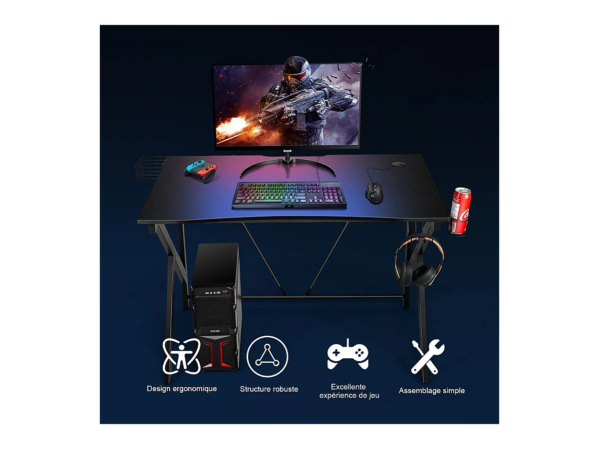 Bureau Gamer Bureau de Jeu pour Gaming avec Stockage Vidéo, Porte-Gobelet et Crochet 115 x 73 x 76,5 CM