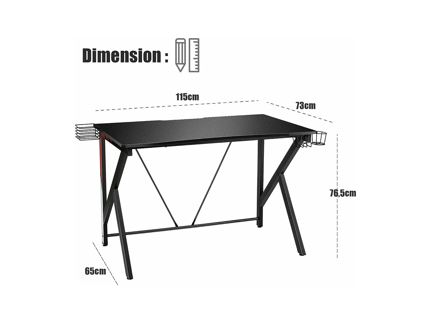 Bureau Gamer Bureau de Jeu pour Gaming avec Stockage Vidéo, Porte-Gobelet et Crochet 115 x 73 x 76,5 CM