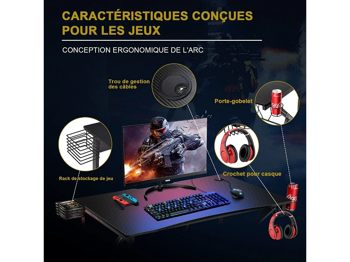 Bureau Gamer Bureau de Jeu pour Gaming avec Stockage Vidéo, Porte-Gobelet et Crochet 115 x 73 x 76,5 CM