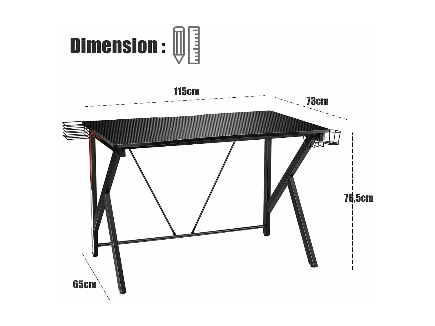 Bureau Gamer Bureau de Jeu pour Gaming avec Stockage Vidéo, Porte-Gobelet et Crochet 115 x 73 x 76,5 CM