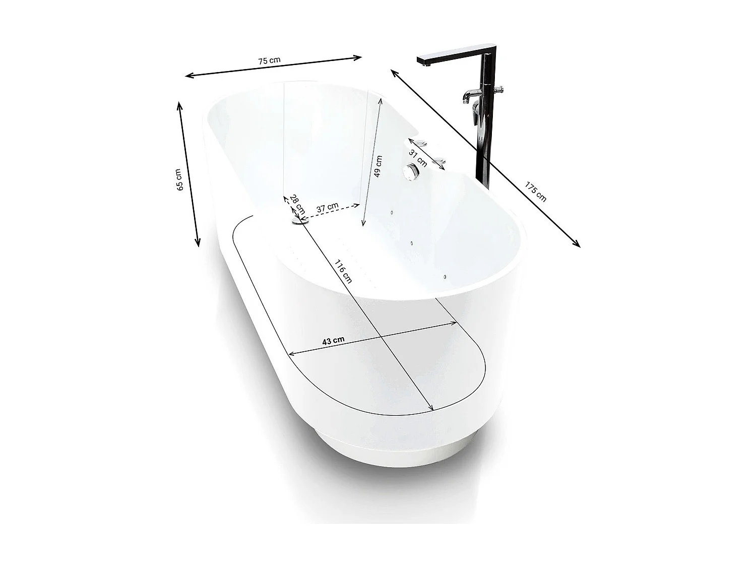 Baignoire Balnéo Ukio white Bulle 175  x75  x65  cm, by SPALINA
