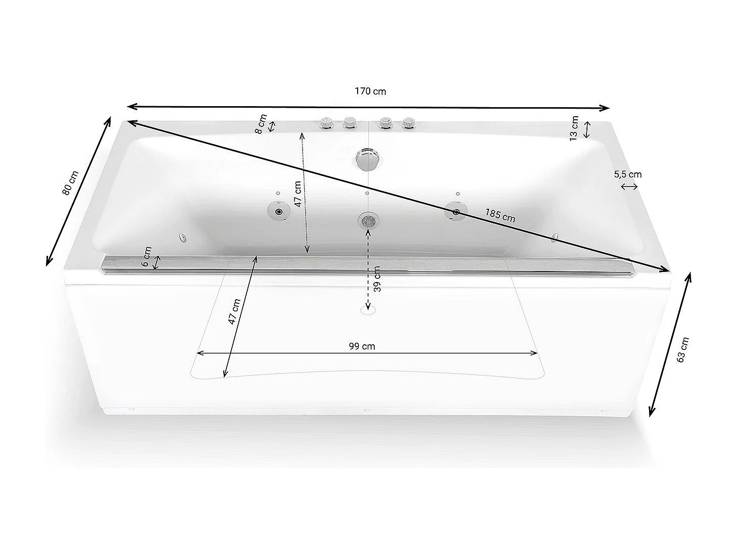 Baignoire Balnéo Maya Wave 170  x80  x63  cm, by SPALINA