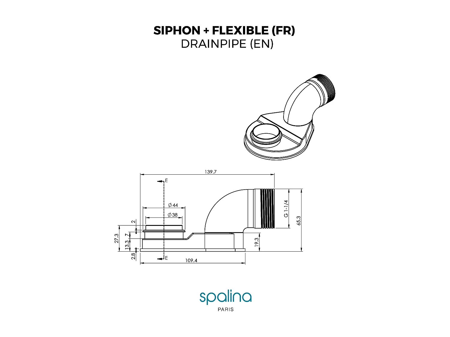 SIPHON EXTRA PLAT+FLEXIBLE - Compatible avec toutes les baignoires îlot SPALINA