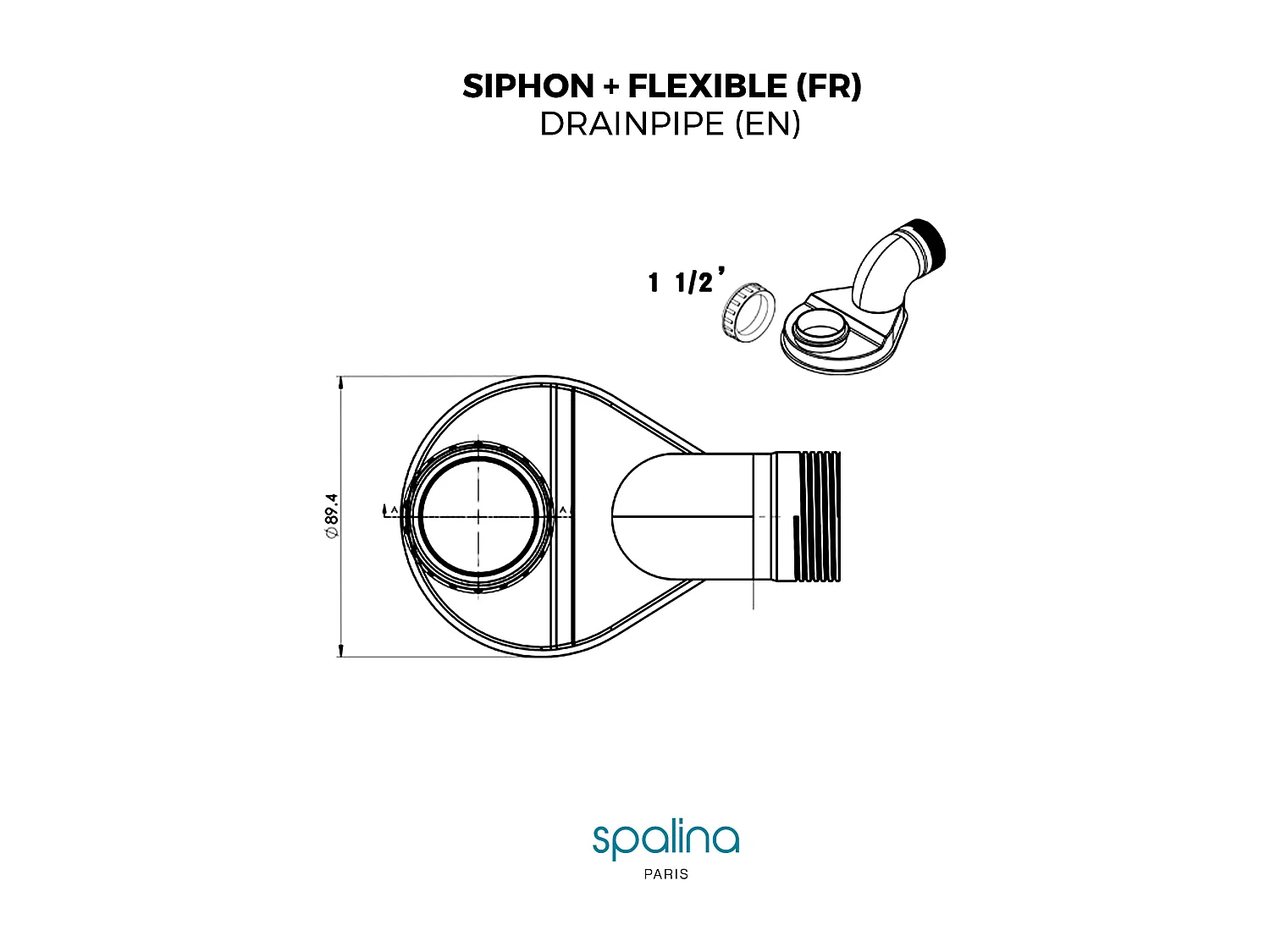 SIPHON EXTRA PLAT+FLEXIBLE - Compatible avec toutes les baignoires îlot SPALINA