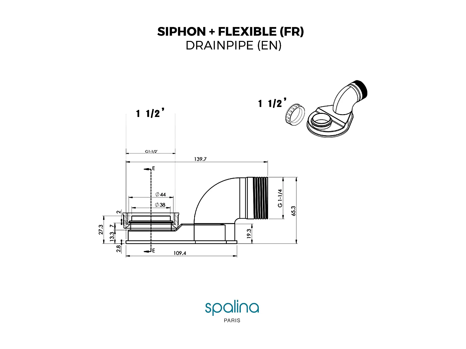 SIPHON EXTRA PLAT+FLEXIBLE - Compatible avec toutes les baignoires îlot SPALINA