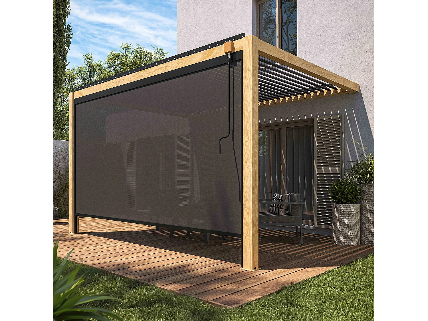 Pergola bioclimatique adossée 3x4 m en bois avec 1 store