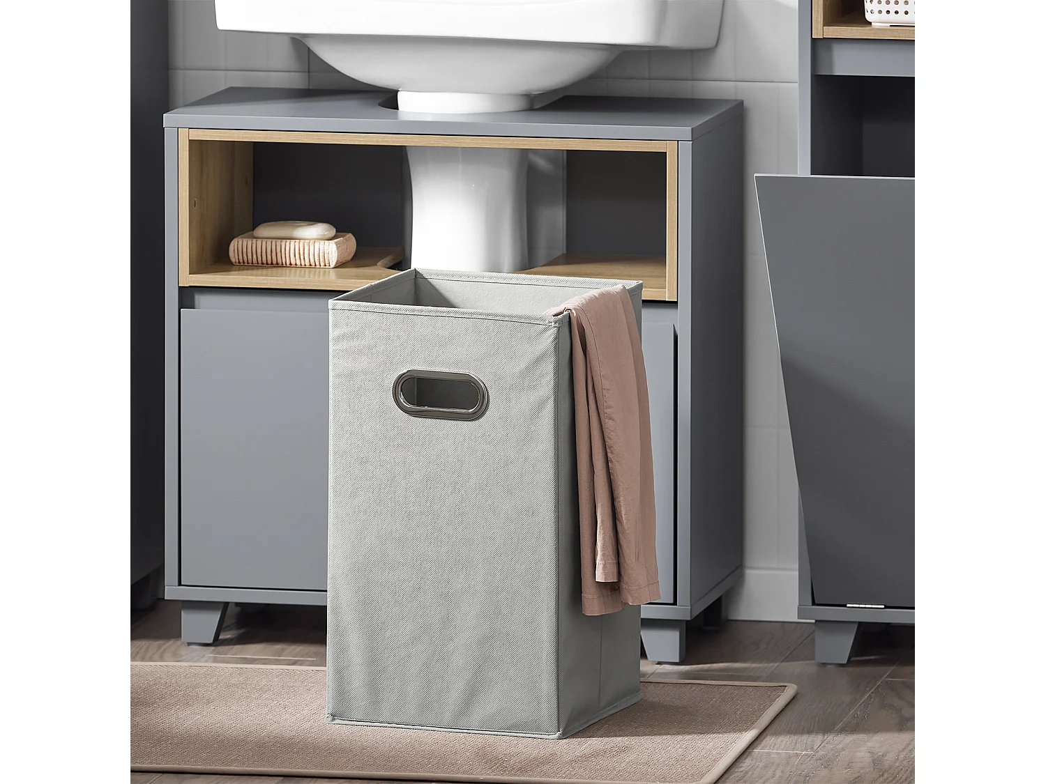 SoBuy BZR146-DG Meuble Bas de Salle de Bain, Meuble Demi-Colonne sur Pied, Placard WC Étroit avec 1 Panier à Linge
