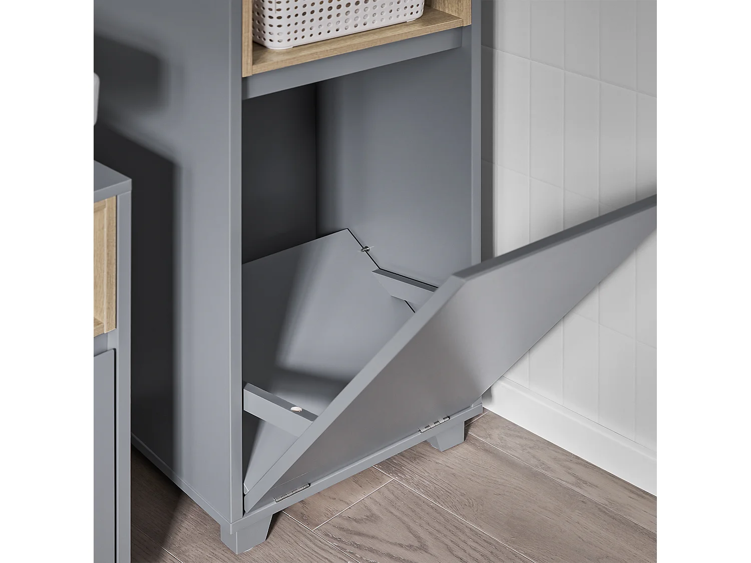 SoBuy BZR146-DG Meuble Bas de Salle de Bain, Meuble Demi-Colonne sur Pied, Placard WC Étroit avec 1 Panier à Linge