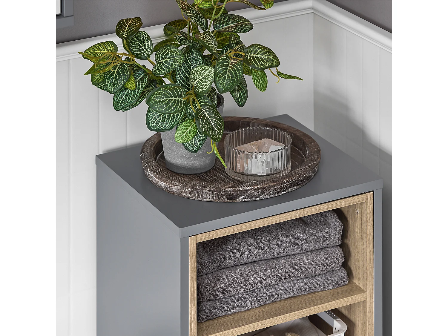 SoBuy BZR146-DG Meuble Bas de Salle de Bain, Meuble Demi-Colonne sur Pied, Placard WC Étroit avec 1 Panier à Linge