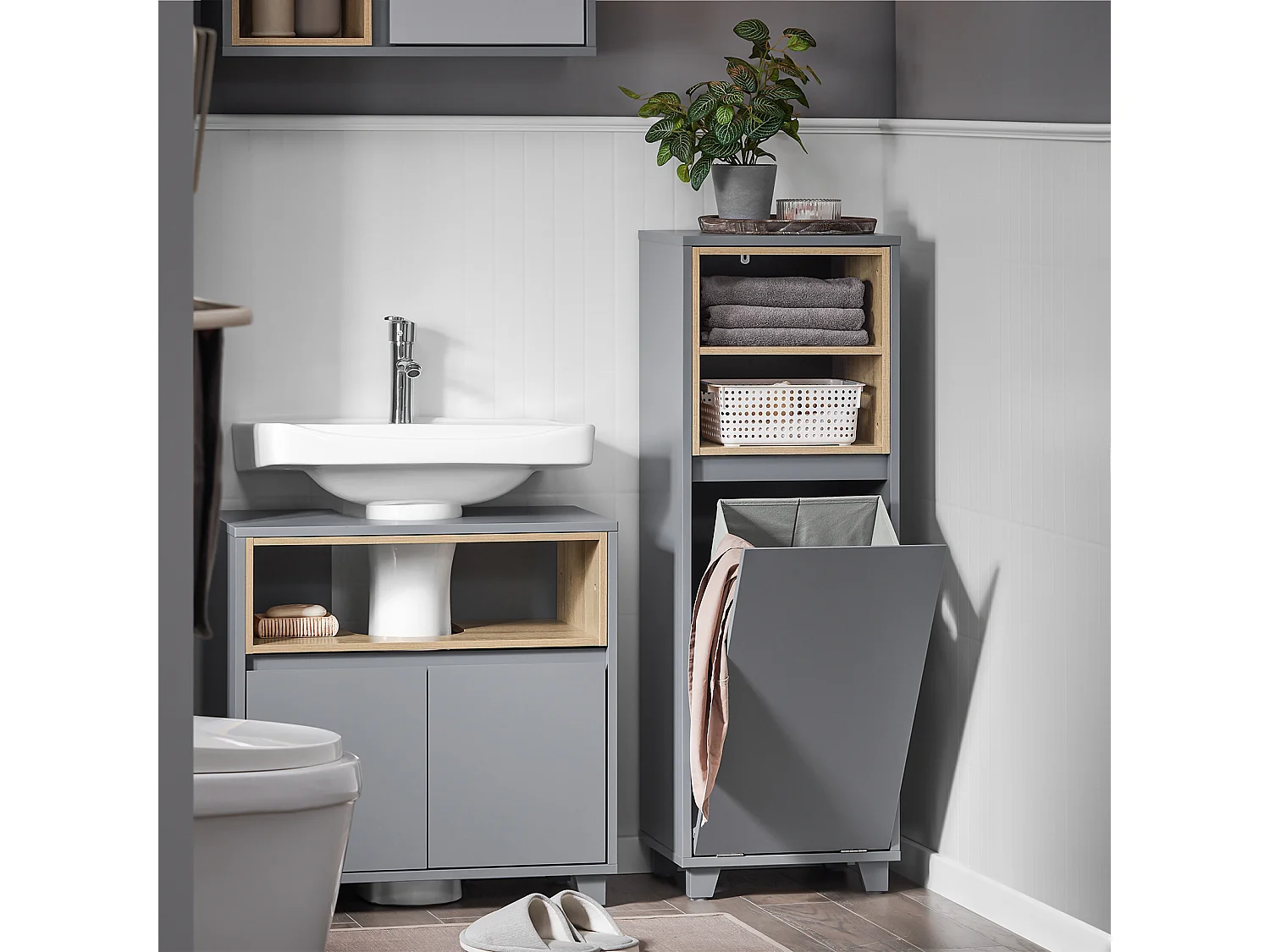SoBuy BZR146-DG Meuble Bas de Salle de Bain, Meuble Demi-Colonne sur Pied, Placard WC Étroit avec 1 Panier à Linge
