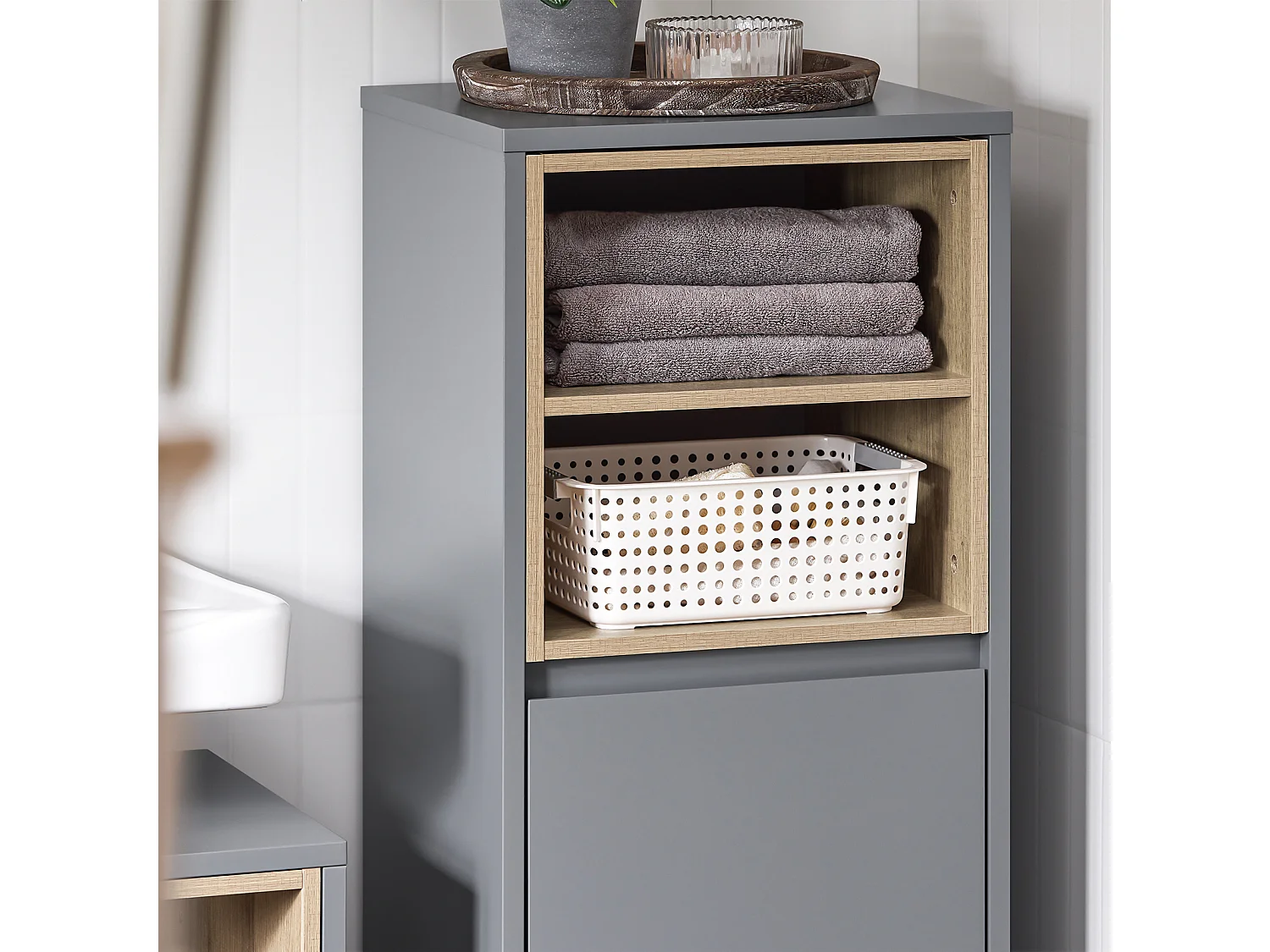 SoBuy BZR146-DG Meuble Bas de Salle de Bain, Meuble Demi-Colonne sur Pied, Placard WC Étroit avec 1 Panier à Linge
