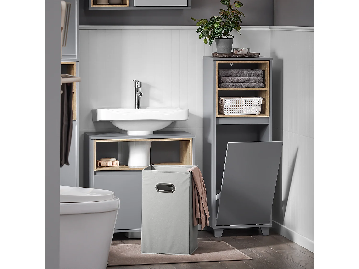 SoBuy BZR146-DG Meuble Bas de Salle de Bain, Meuble Demi-Colonne sur Pied, Placard WC Étroit avec 1 Panier à Linge