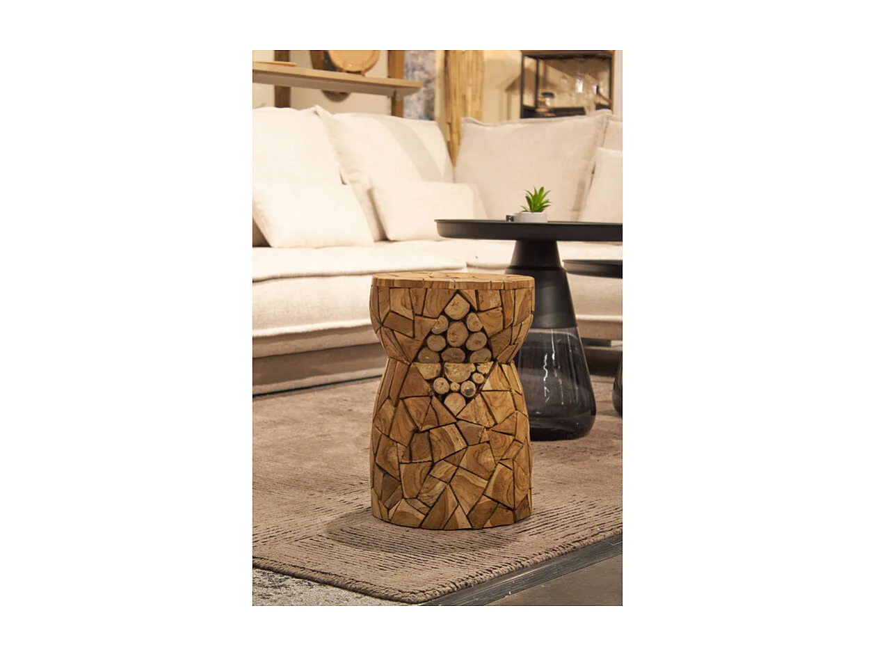 Tabouret rond 30 x 45 cm en assemblage de bois de teck – HIRAM