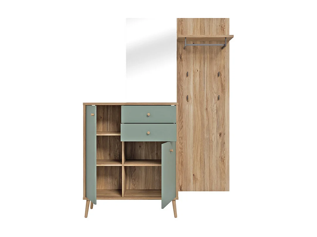 Meuble d’entrée 195 cm en décor bois de chêne et vert sauge – CEDAR