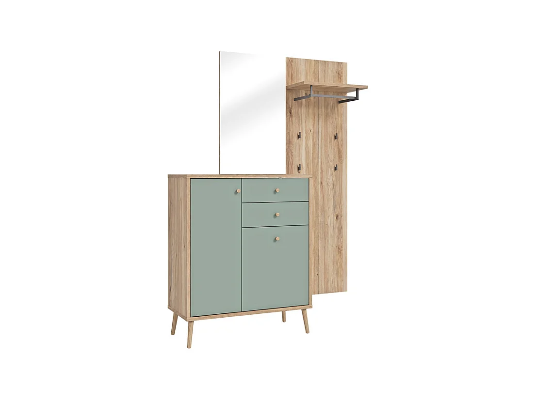 Meuble d’entrée 195 cm en décor bois de chêne et vert sauge – CEDAR