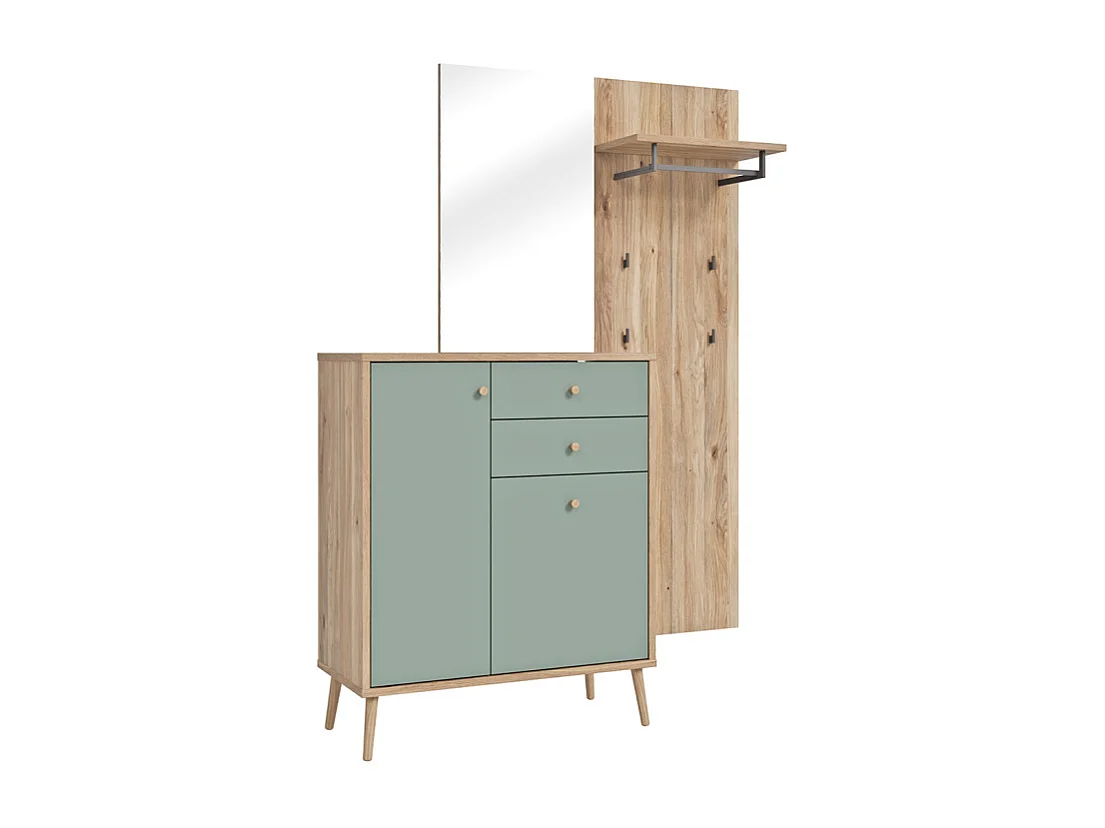 Meuble d’entrée 195 cm en décor bois de chêne et vert sauge – CEDAR