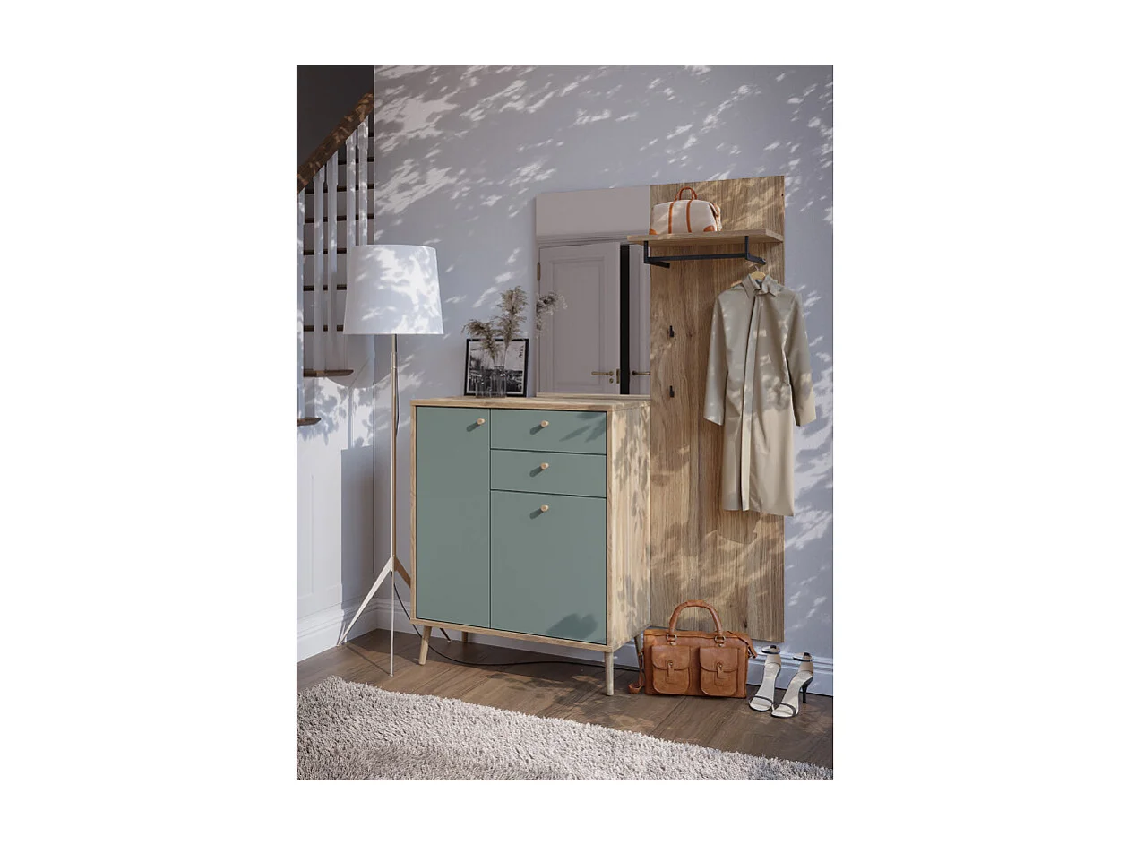 Meuble d’entrée 195 cm en décor bois de chêne et vert sauge – CEDAR