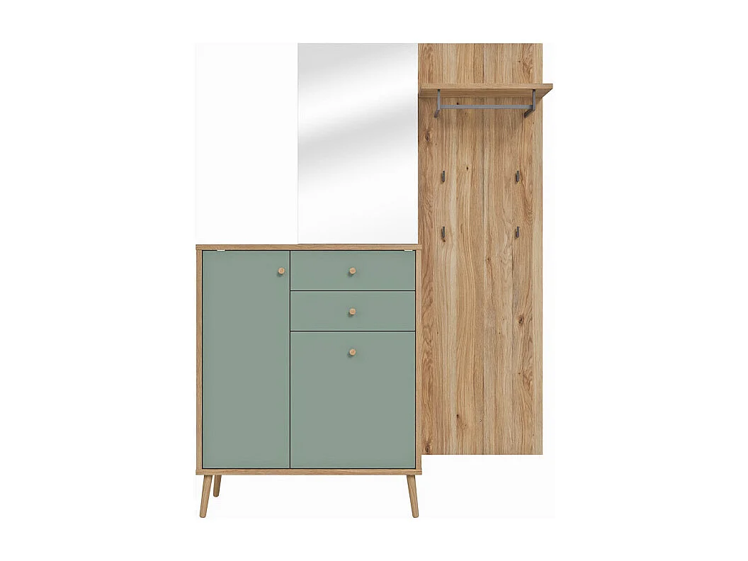 Meuble d’entrée 195 cm en décor bois de chêne et vert sauge – CEDAR