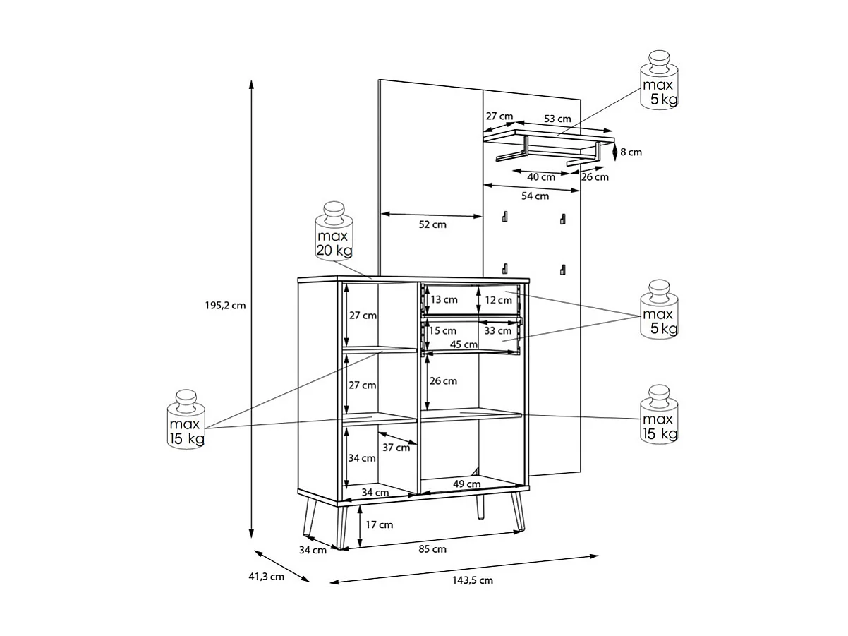 Meuble d’entrée 195 cm en décor bois de chêne et vert sauge – CEDAR