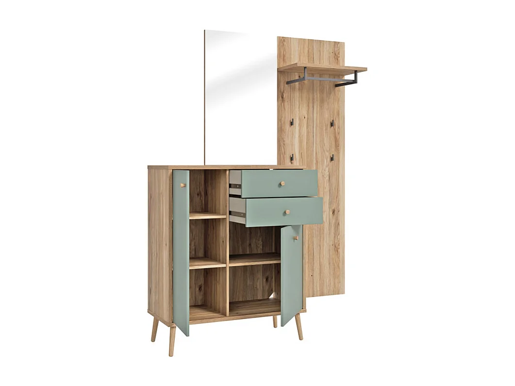 Meuble d’entrée 195 cm en décor bois de chêne et vert sauge – CEDAR