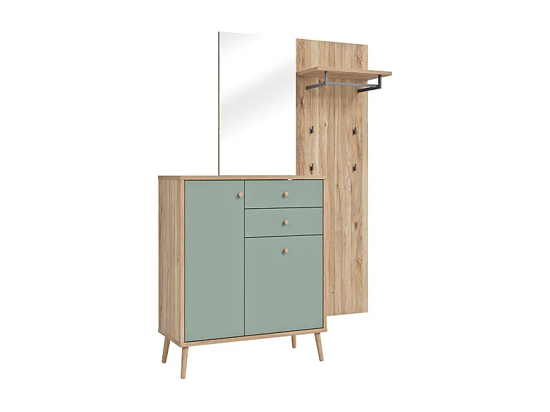 Meuble d’entrée 195 cm en décor bois de chêne et vert sauge – CEDAR