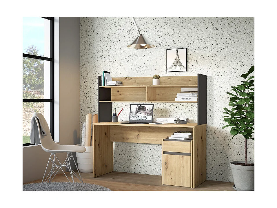 Surmeuble de bureau 140 cm décor bois de chêne et gris foncé - ODYSSÉE