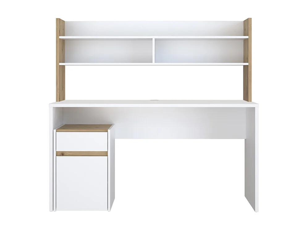 Bureau et surmeuble 140 cm blanc mat et décor bois de chêne - ODYSSÉE