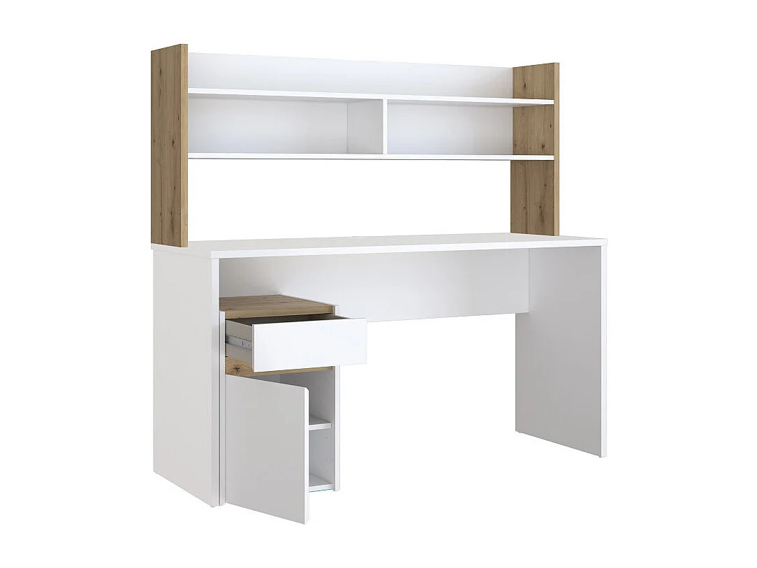 Bureau et surmeuble 140 cm blanc mat et décor bois de chêne - ODYSSÉE