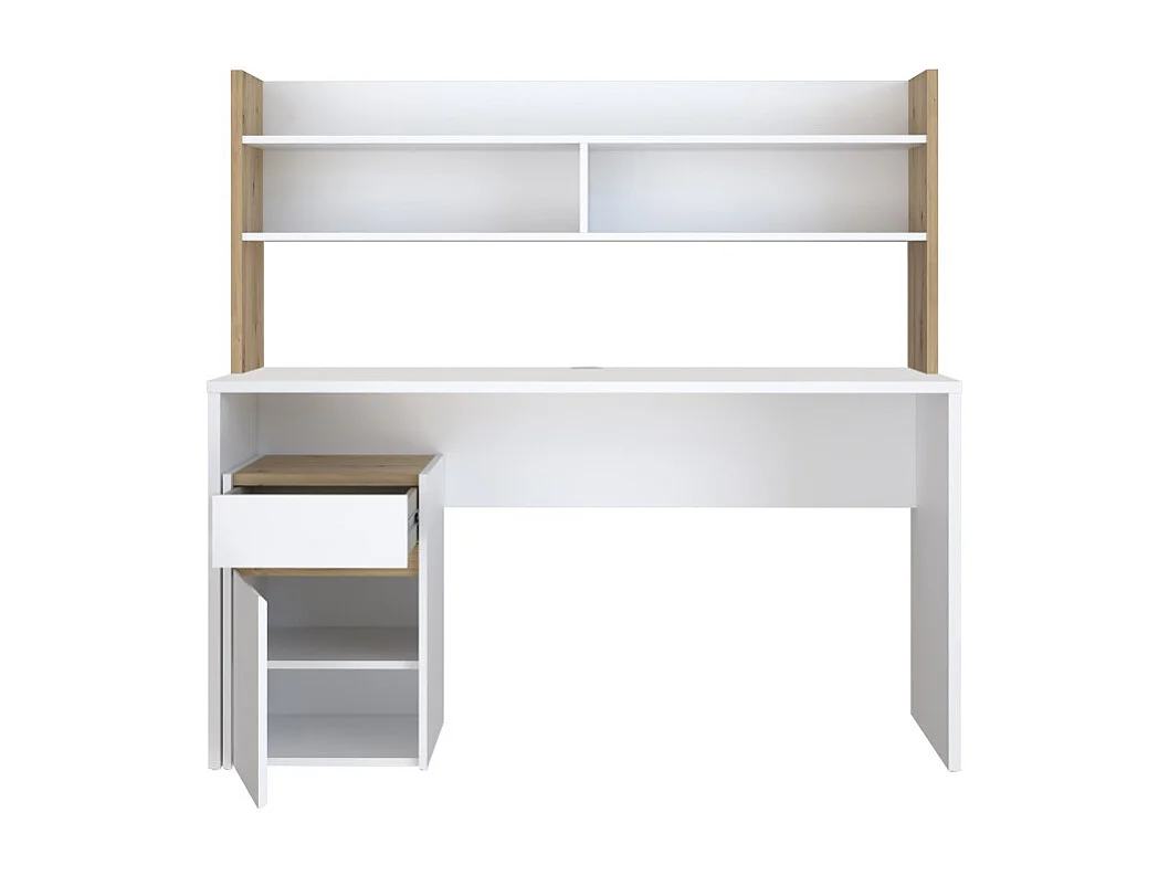 Bureau et surmeuble 140 cm blanc mat et décor bois de chêne - ODYSSÉE