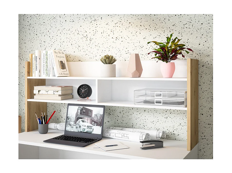 Bureau et surmeuble 140 cm blanc mat et décor bois de chêne - ODYSSÉE