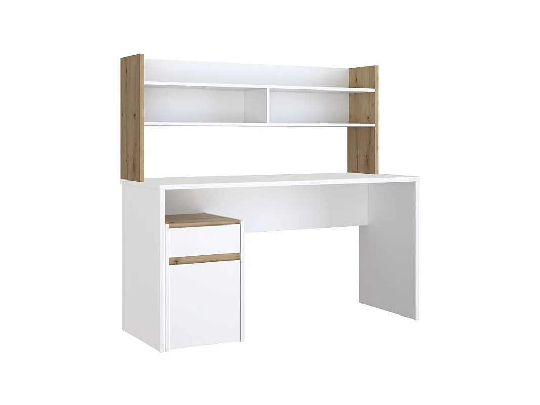 Bureau et surmeuble 140 cm blanc mat et décor bois de chêne - ODYSSÉE