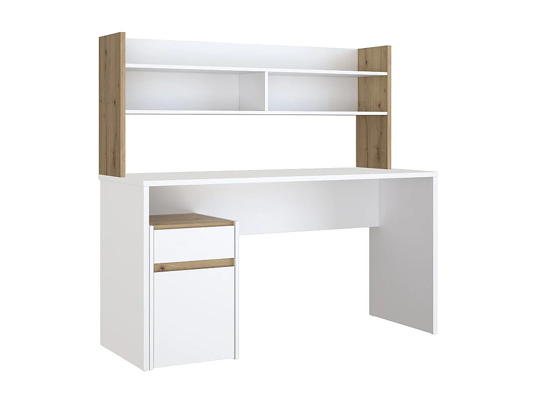 Bureau et surmeuble 140 cm blanc mat et décor bois de chêne - ODYSSÉE