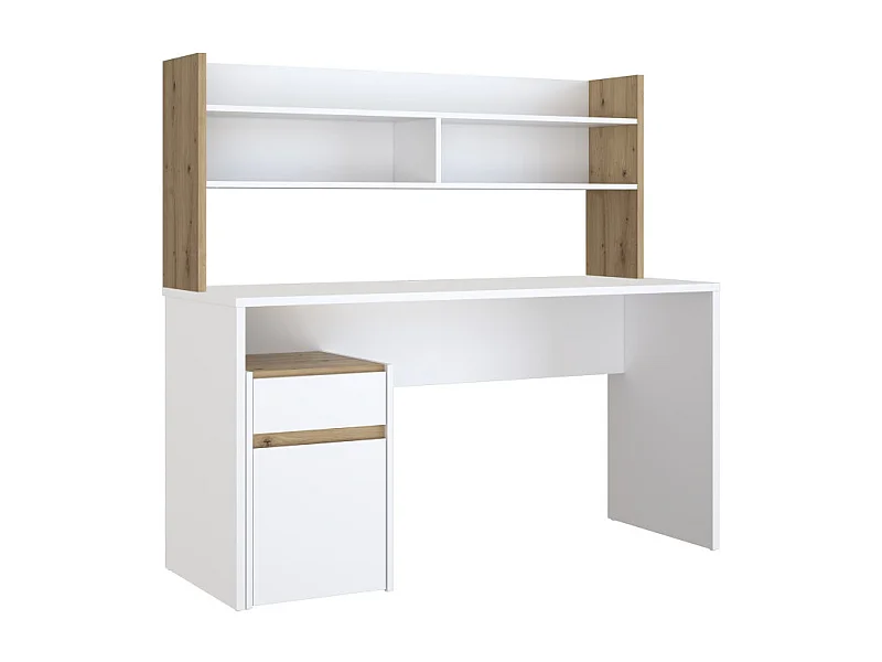 Bureau et surmeuble 140 cm blanc mat et décor bois de chêne - ODYSSÉE