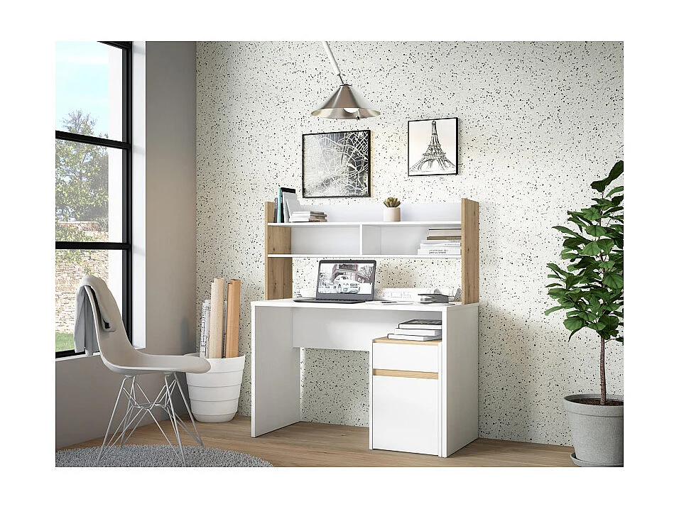 Bureau et surmeuble 110 cm blanc mat et décor bois de chêne - ODYSSÉE
