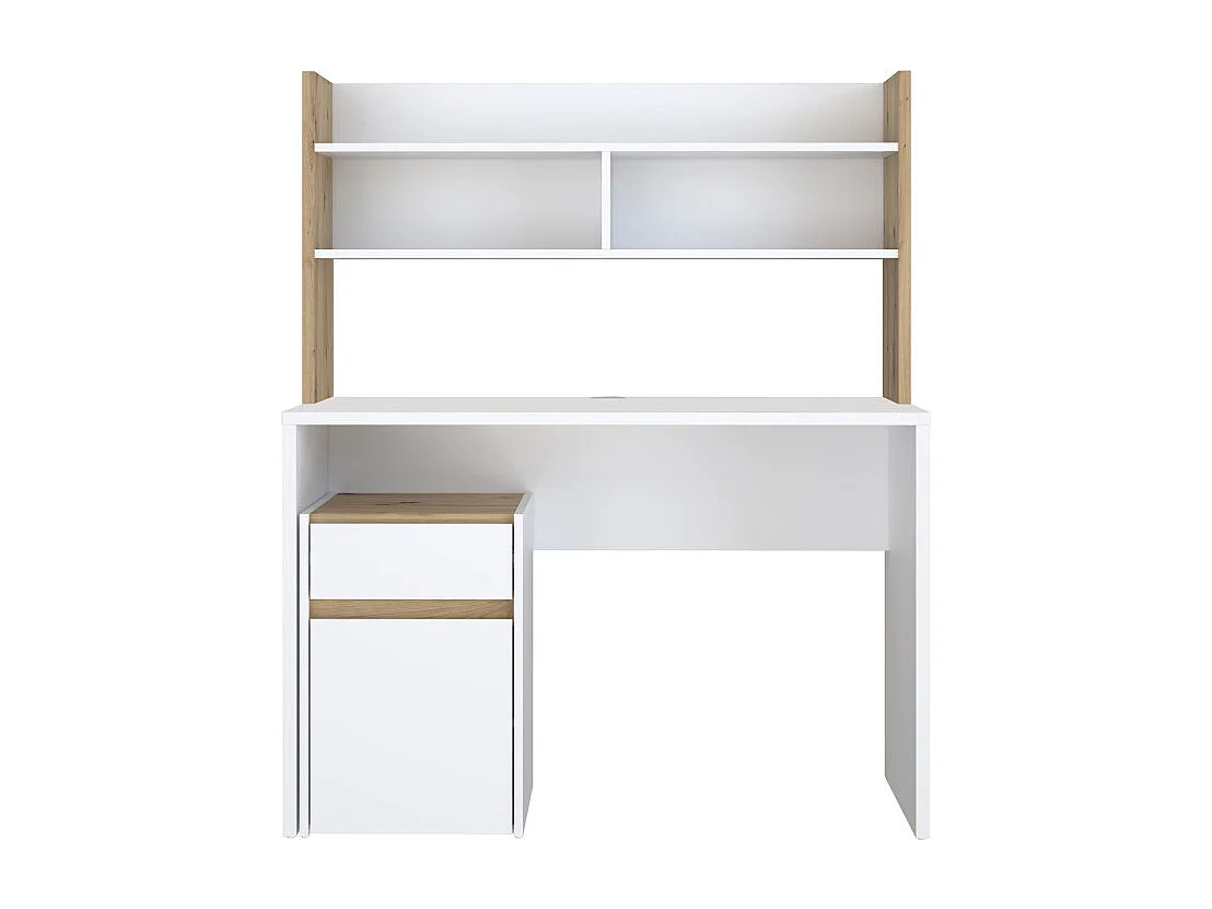 Bureau et surmeuble 110 cm blanc mat et décor bois de chêne - ODYSSÉE