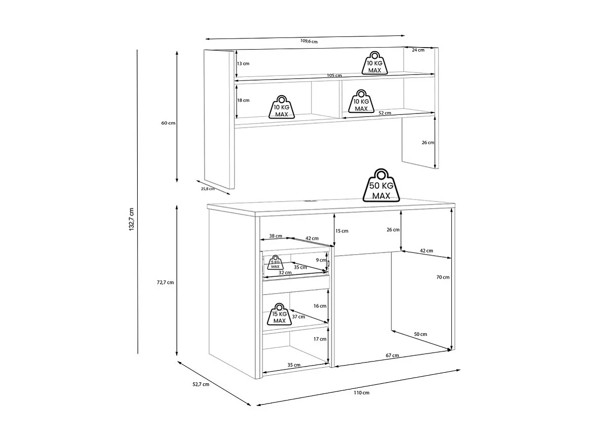 Bureau et surmeuble 110 cm blanc mat et décor bois de chêne - ODYSSÉE