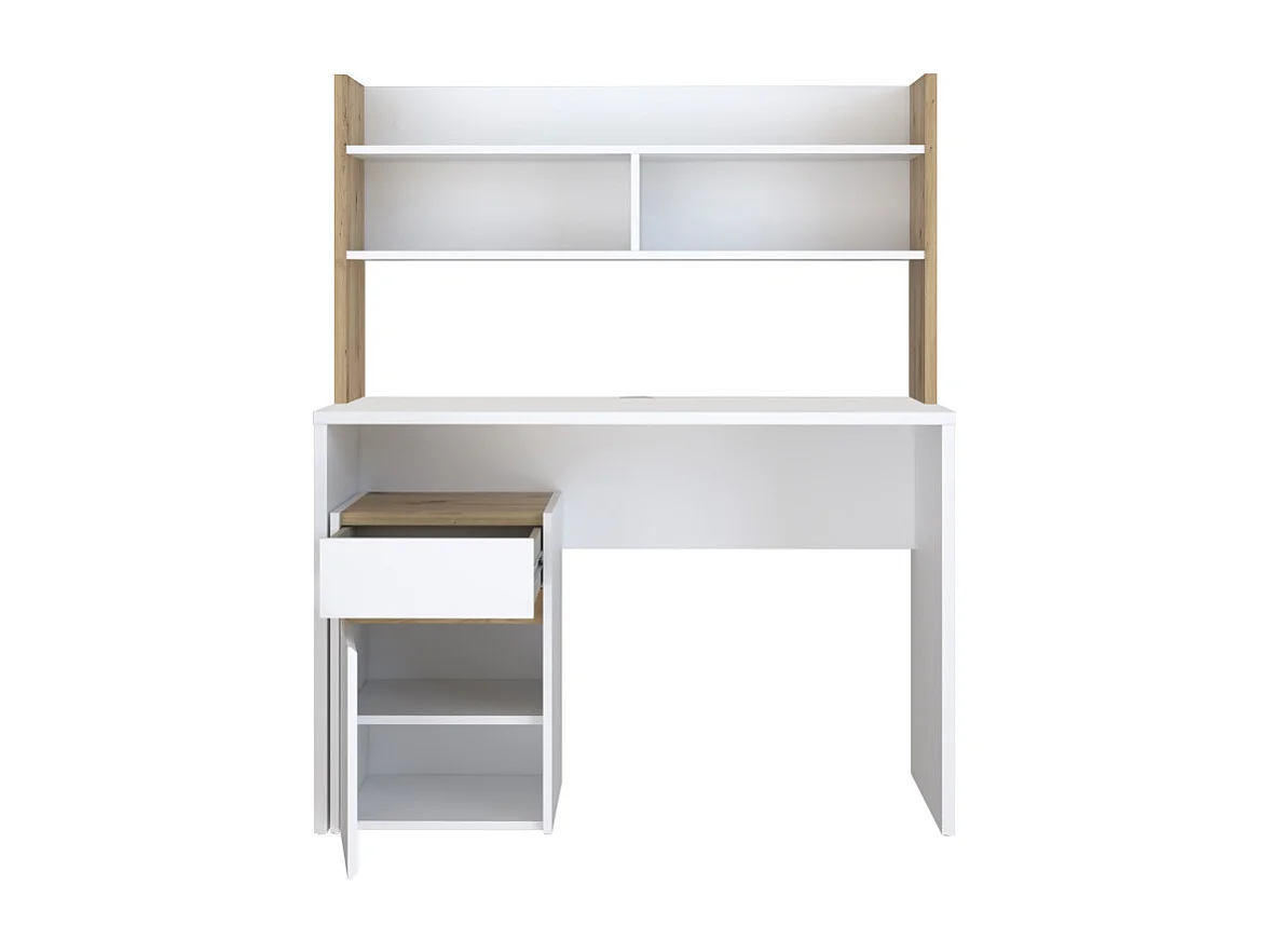 Bureau et surmeuble 110 cm blanc mat et décor bois de chêne - ODYSSÉE